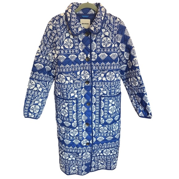 Boden Jackets & Blazers - Boden Soft Quilted Longline Coat Collar Pockets Blue White Floral Size 12 Cotton